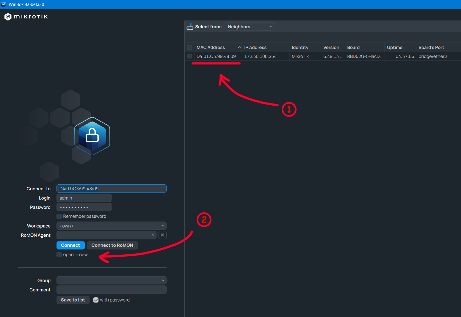 Подключение по MAC-адресу в WinBox